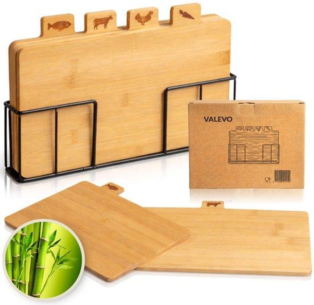 VALEVO 4er Set Bambus Schneidebretter mit Halter – 28x17 cm – Holz Schneidebrett Set – Küchen Schneidbretter aus Bambus