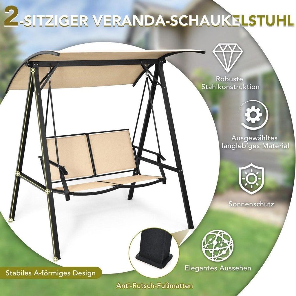 Hollywoodschaukel mit verstellbarem Dach 2-Sitzer Gartenschaukel 152 x 112 x 165 cm Beige