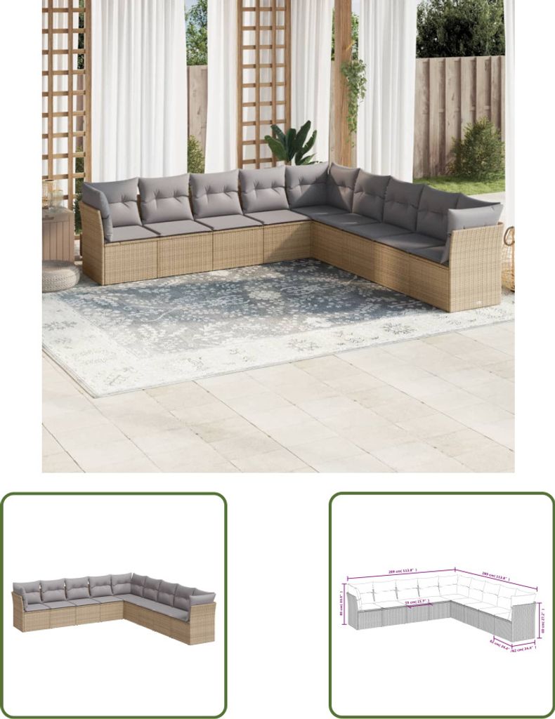 The Living Store 9-tlg. Garten-Sofagarnitur mit Kissen Beige Poly Rattan