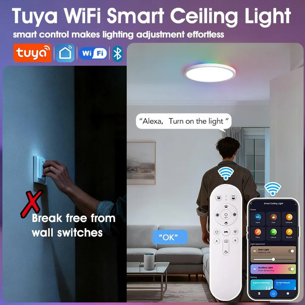 Luminaire de plafond connecté RGB 40cm avec contrôle vocal sans fil