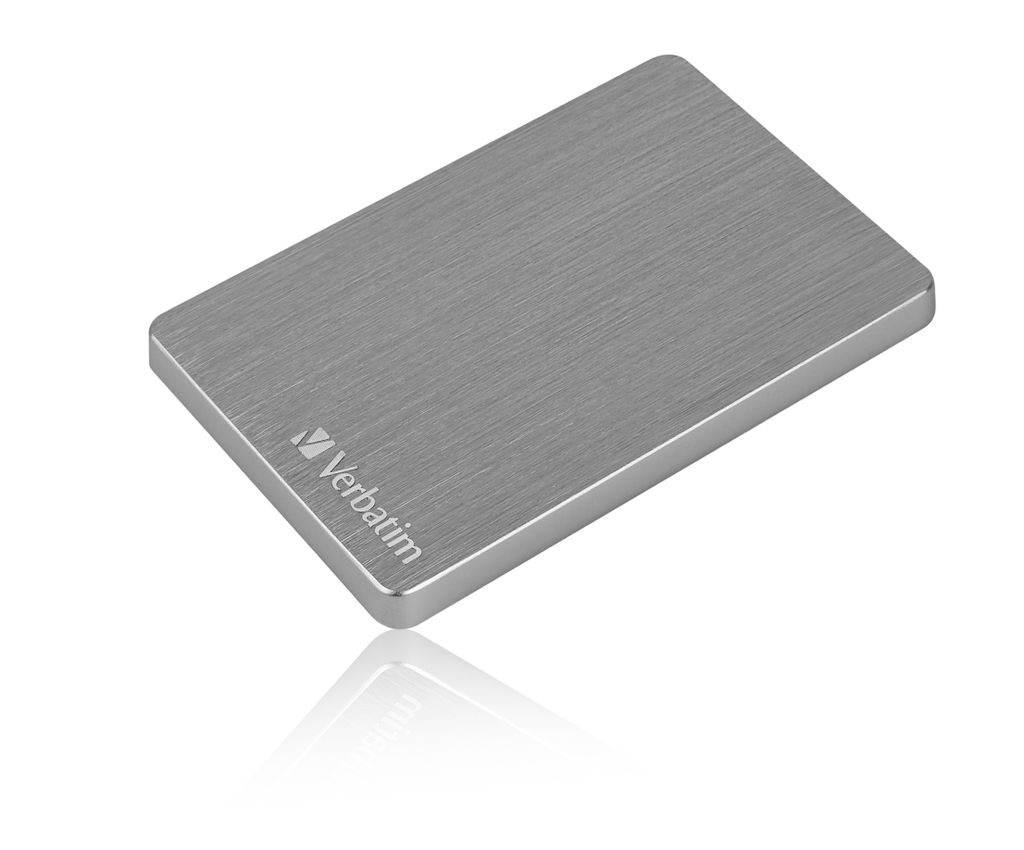 A silver Verbatim external hard drive is shown on a white background.