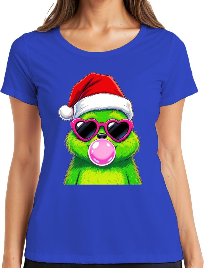 Weihnachtsmonster Grün Bubblegum Kaugummi Herzbrille Santa Cool Damen T-Shirt, Blau, L