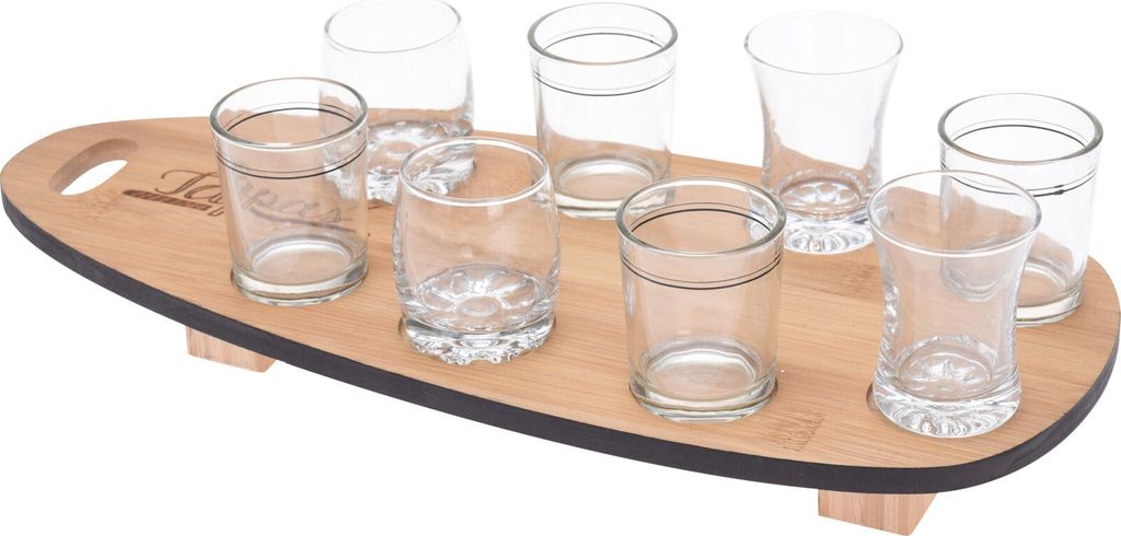 Servier-Set für Snack, 8 Gläser + Bambustablett