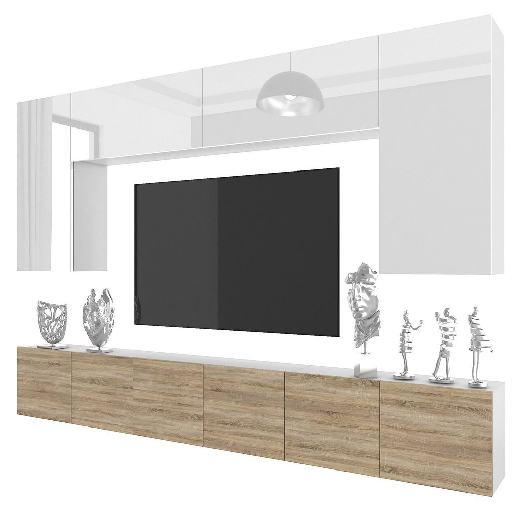 BELINI Wohnwand MILANO 2 Wohnzimmer 300 cm - Weiß/Sonoma Eiche, Moderne Schrankwand Set, Anbauwand TV-Schrank Griffloses System