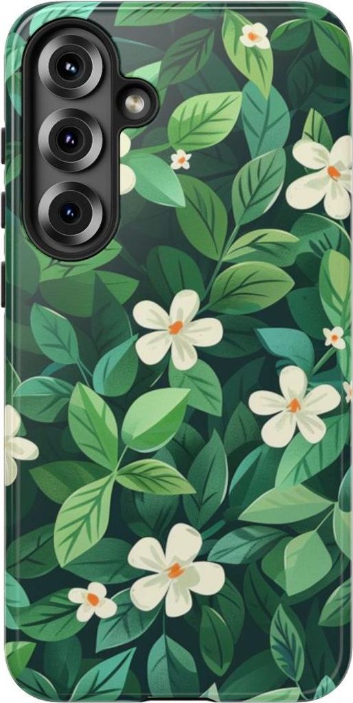 Grünes Blätter- und weiße Blumenmuster – Hülle Kompatibel mit Samsung Galaxy S25 Plus