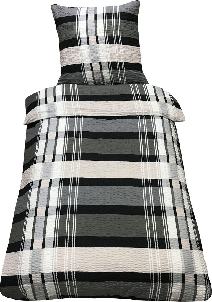 A plaid patterned duvet cover and pillowcase set.
