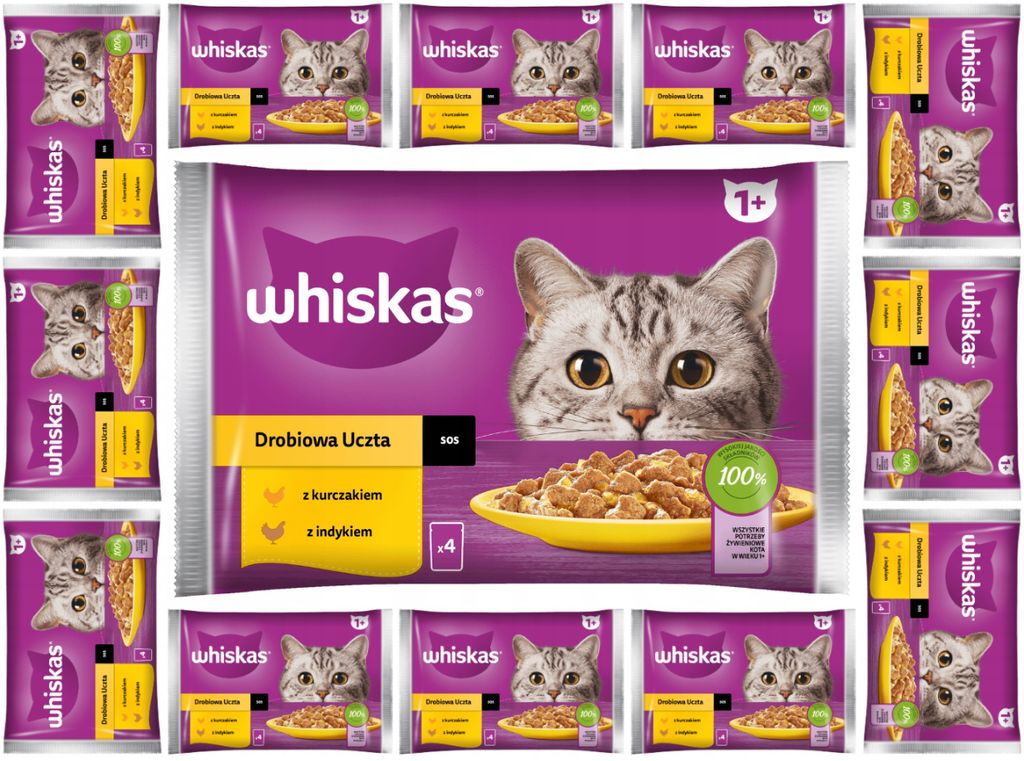 Whiskas Adult 1+ Nassfutter für Katzen in Sauce mit Huhn, Truthahn, 52 Portionsbeutel (13x4x85g)
