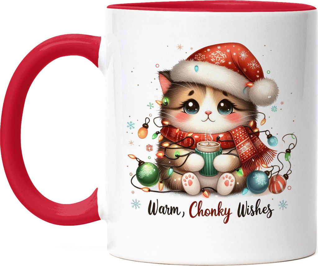 Warm Chonky Wishes Lustiges Katzenmotiv Tasse Rot Geschenkidee witziges Design Weihnachten