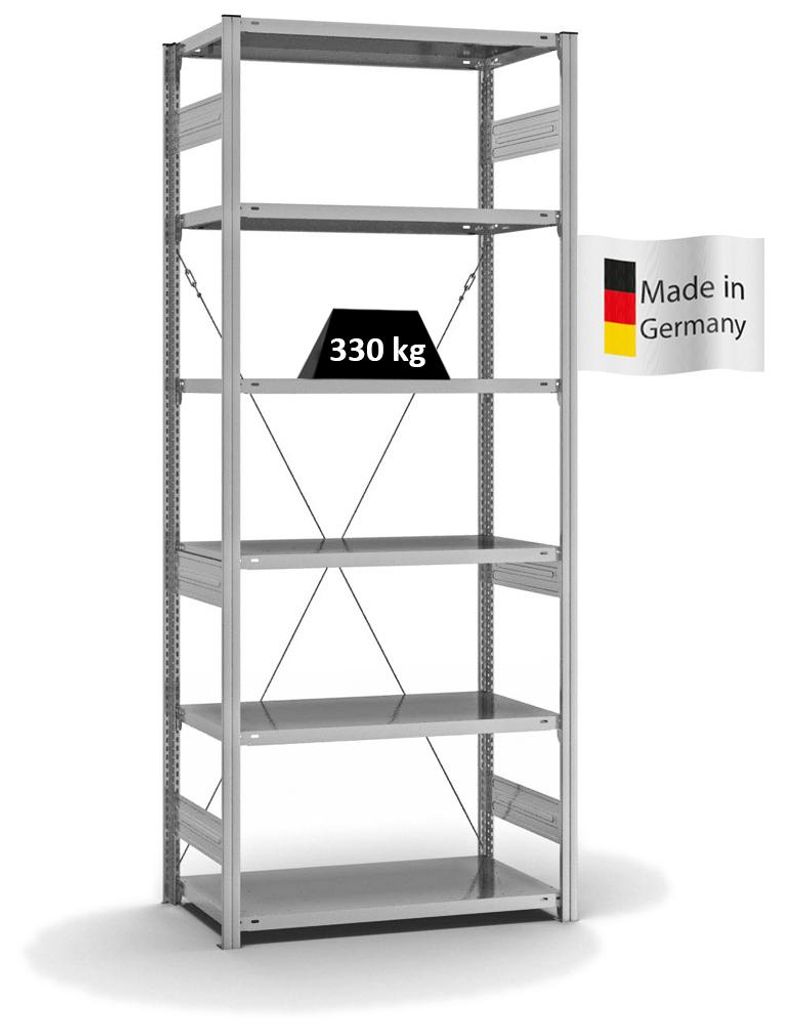 PROREGAL Fachbodenregal Stecksystem MAGNUS Germany | HxBxT 250x100x50cm | 6 Ebenen | Fachlast 330 kg | Einseitig nutzbar | Verzinkt