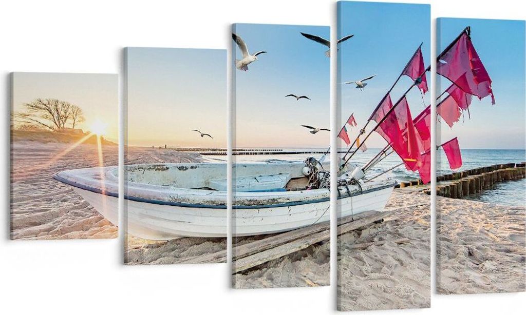 Bild auf Leinwand - Leinwandbild - 5 Teile - £ódŸ Küste Möwen - 100x60cm - Wand Bild - Wanddeko - Wandbilder - Leinwanddruck - Bilder - Wandde...