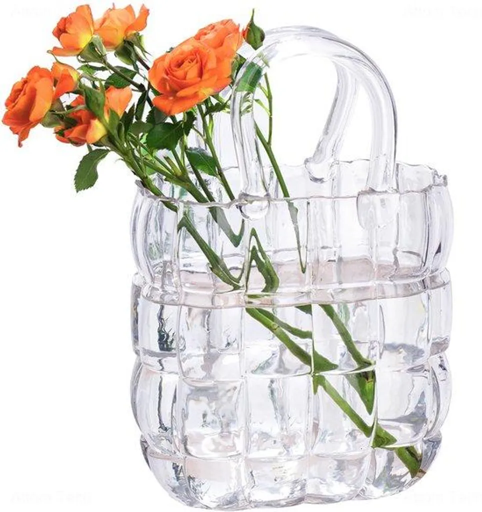 Vase en verre soufflé forme sac transparent avec poignée pour fleurs