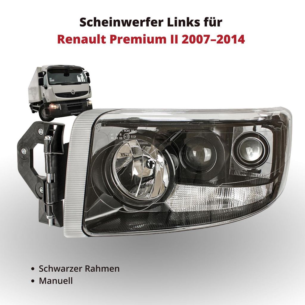 Scheinwerfer Frontscheinwerfer Links für Renault Premium II 2007–2014 | Schwarzer Rahmen | Manuelle Einstellung | OEM 5010578455