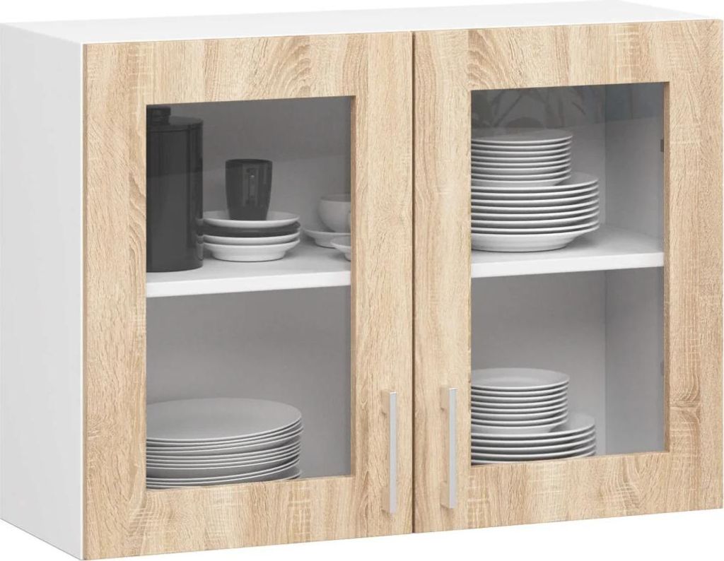 TRIVORA Glas-Oberschrank – Breite 80 cm, Weiß/Sonoma Eiche
