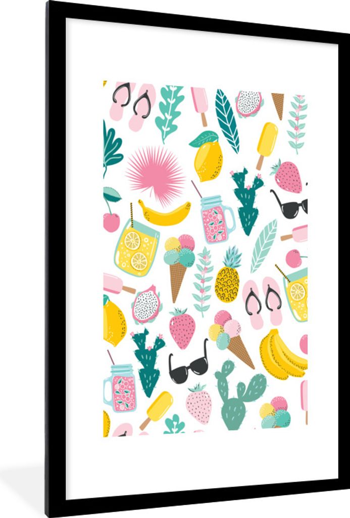 MuchoWow Gerahmtes Poster Sommer - Symbole - Weiß 60x90 cm - Poster mit Schwarzem Bilderrahmen Wandposter Rahmen Foto Bilder - Dekoration - Wand...