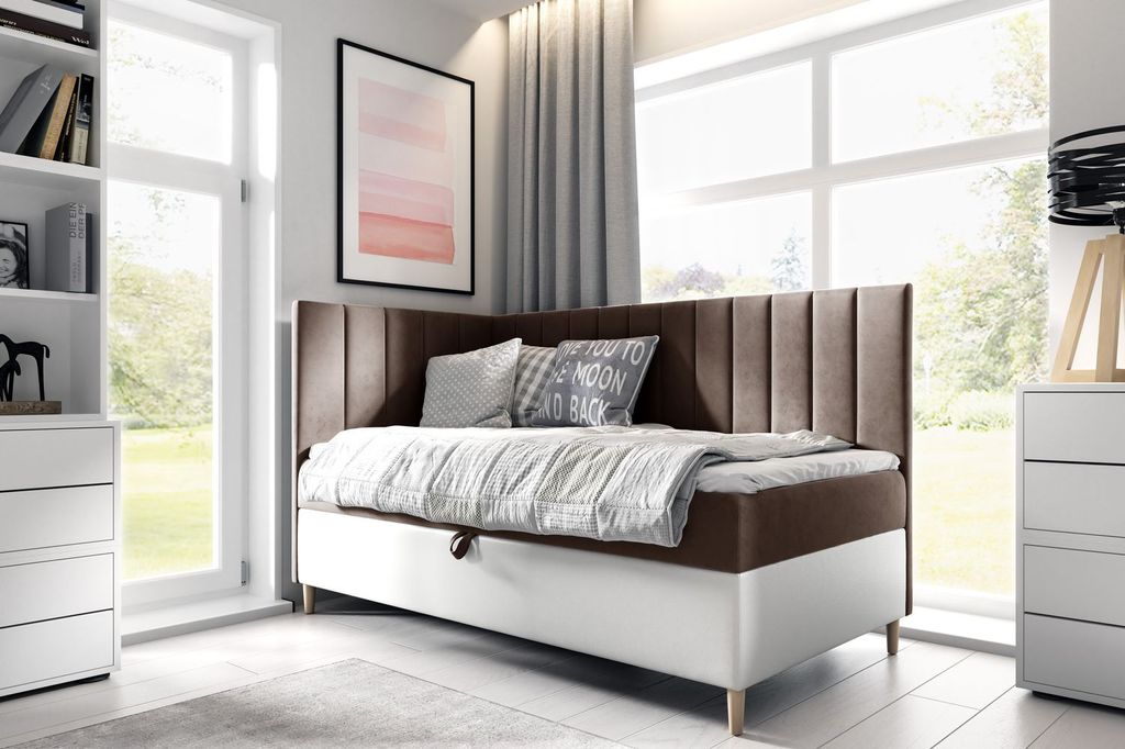 Kontinentales Bett 90x200 MIREN 3 - braun/weiß, Öffnung rechts + GRATIS Matratzenauflage