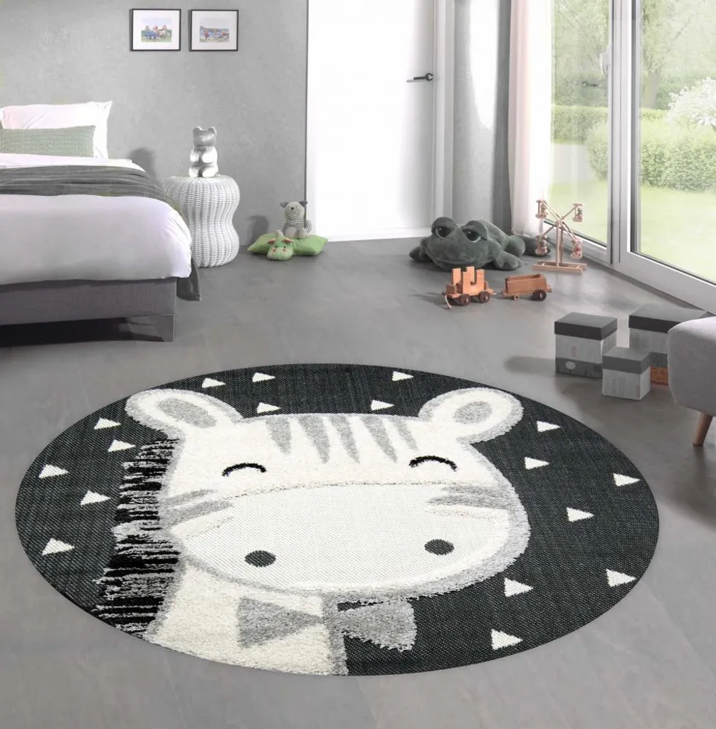 Tapis de chambre d'enfant Chevaux rond 160 cm gris crème effet 3D