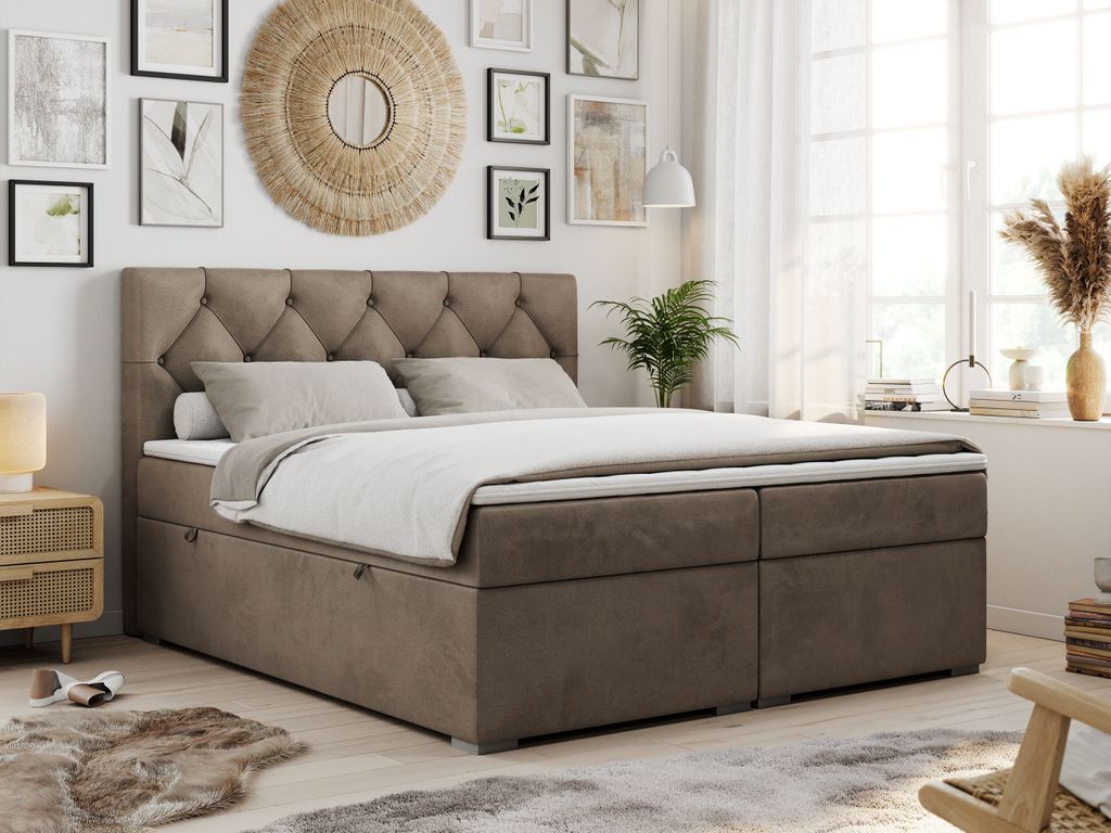 Boxspringbett 200x200 mit Bettkasten, Boxspringbett 200x200 mit Matratze, Doppelbett mit Matratze und Topper - Polsterbett mit Kopfteil - Stauraumb...