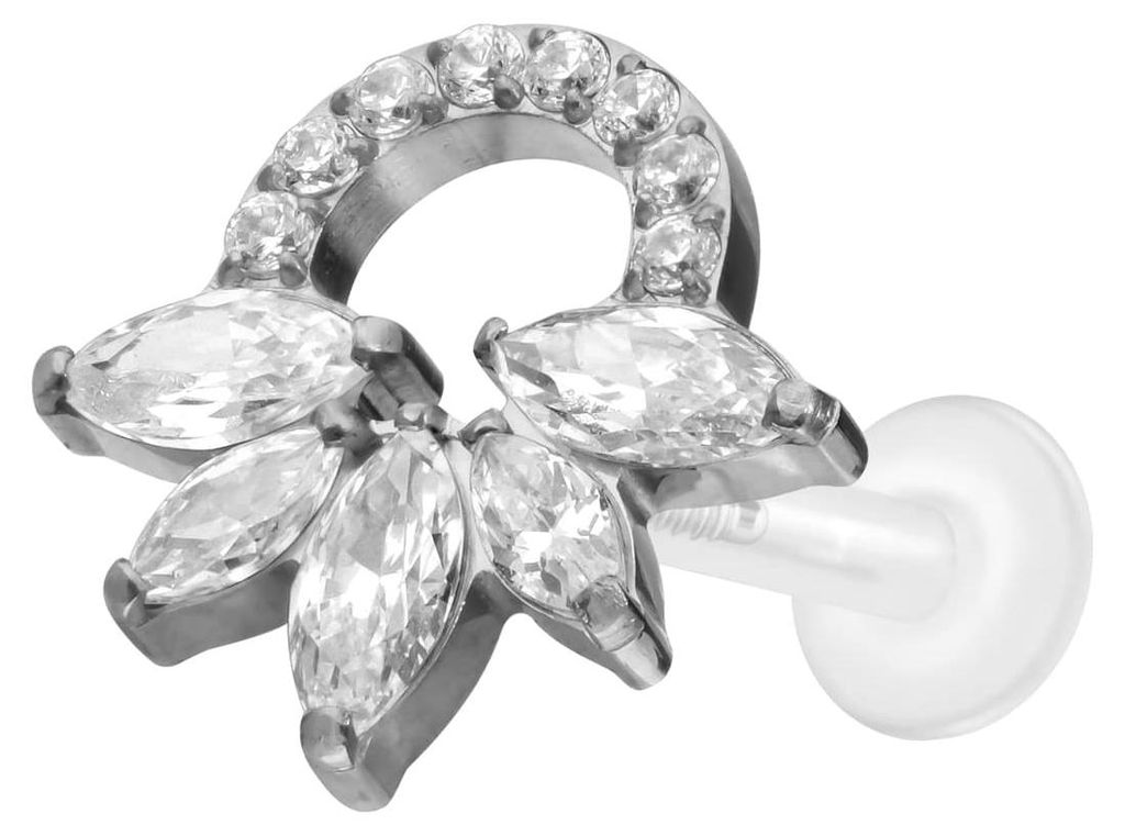 Ohrpiercing, Nasenpiercing PTFE Labret mit Innengewinde + Titan-Aufsatz KRISTALLRASSEL Silber Stablänge: 8mm | Stabstärke: 1,6mm