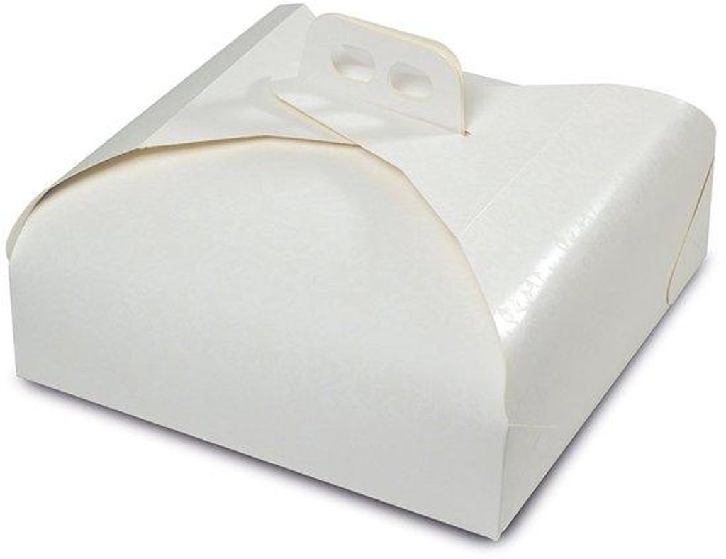 Weißer Wegwerf-Tart-Box, 33 x 33 cm, mit Backpapier.
