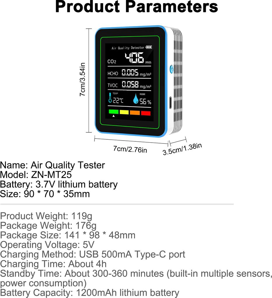 monitor kvality vzduchu v místnosti 5 v 1, přenosný Obrázek produktu 16