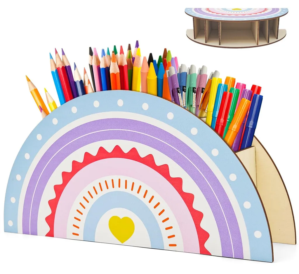 Porte-crayons arc-en-ciel en bois à 5 compartiments pour bureau enfant