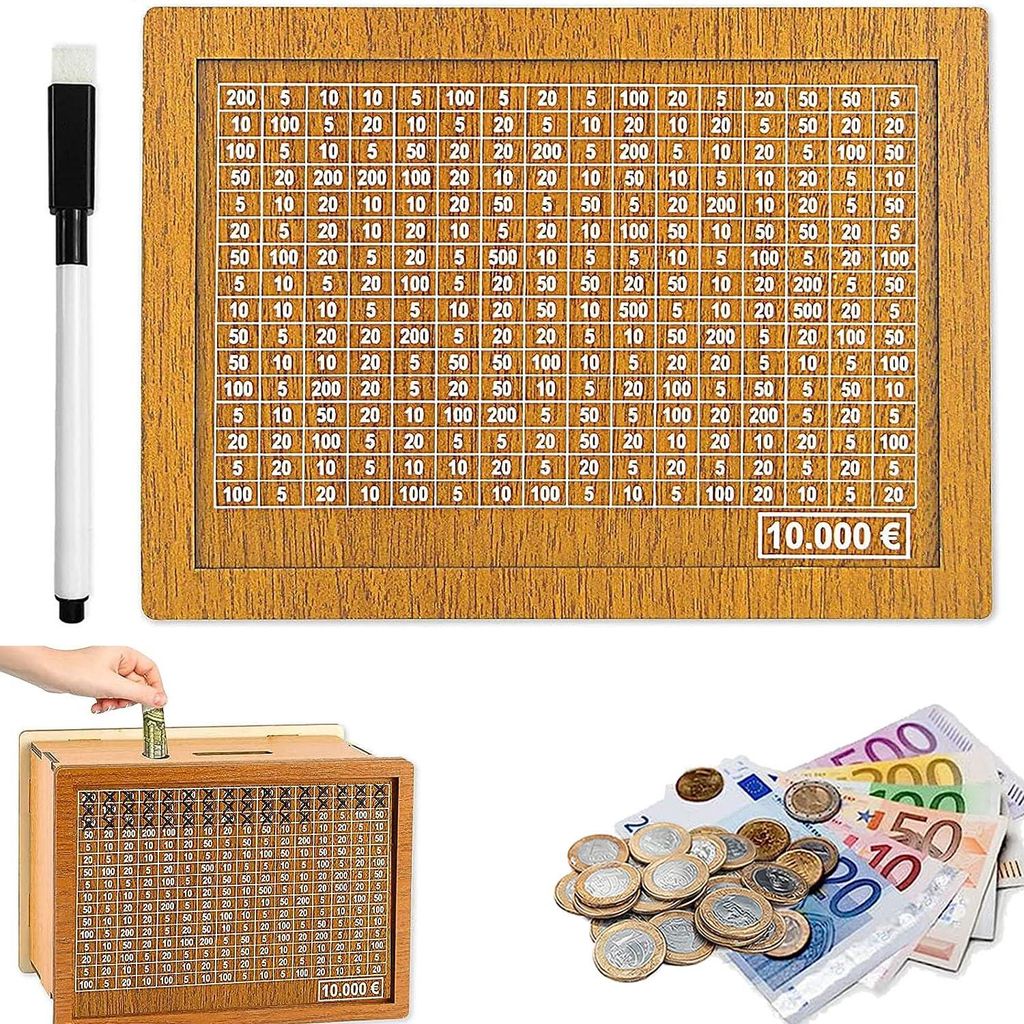 Holz Sparbox mit Retro Design und Sparziel für Kinder (10.000€)