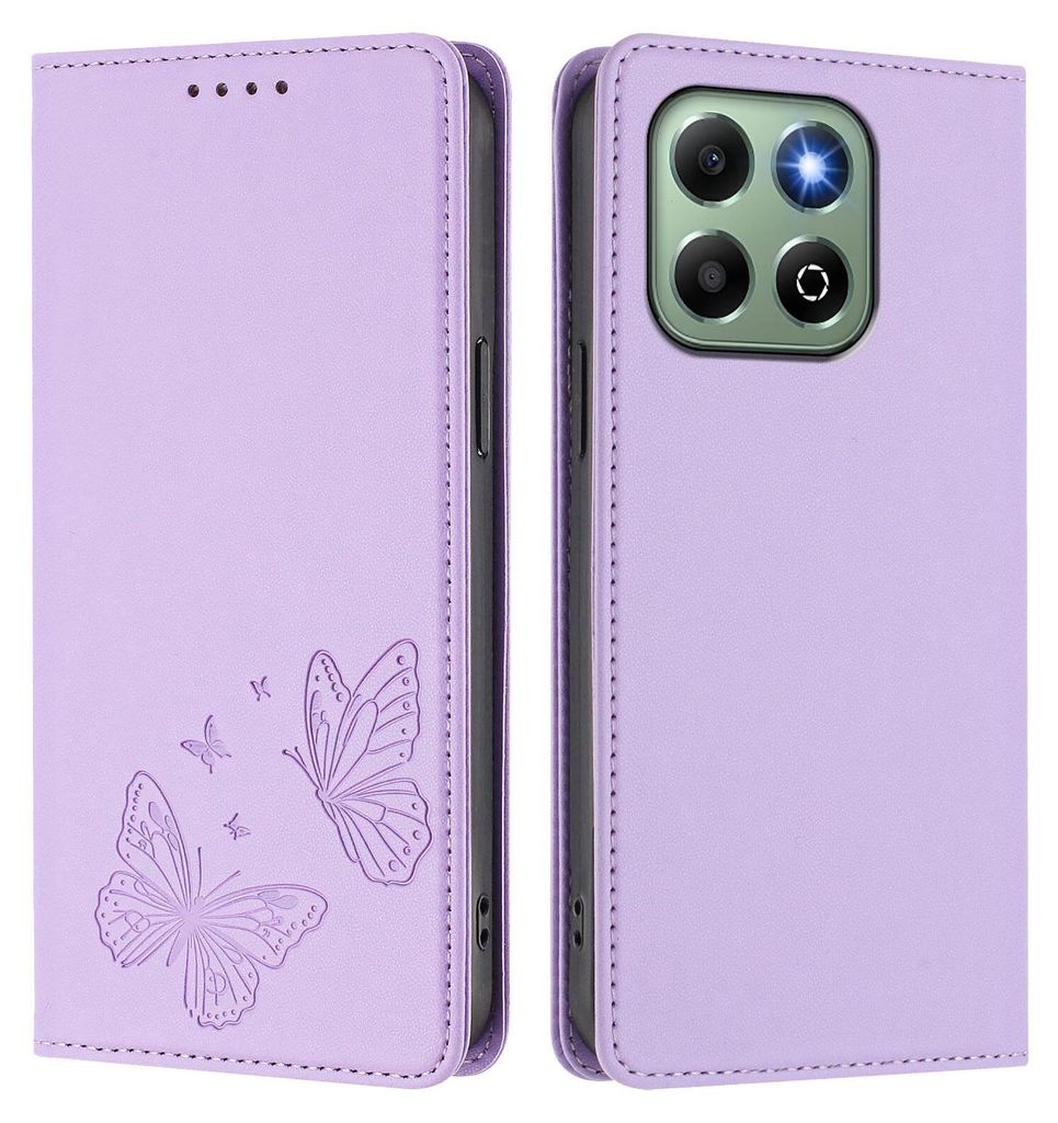 Lederhülle für Honor X6B/Honor X6A, Schmetterling Prägung Leder Brieftasche Schutzhülle mit Ständer Violett