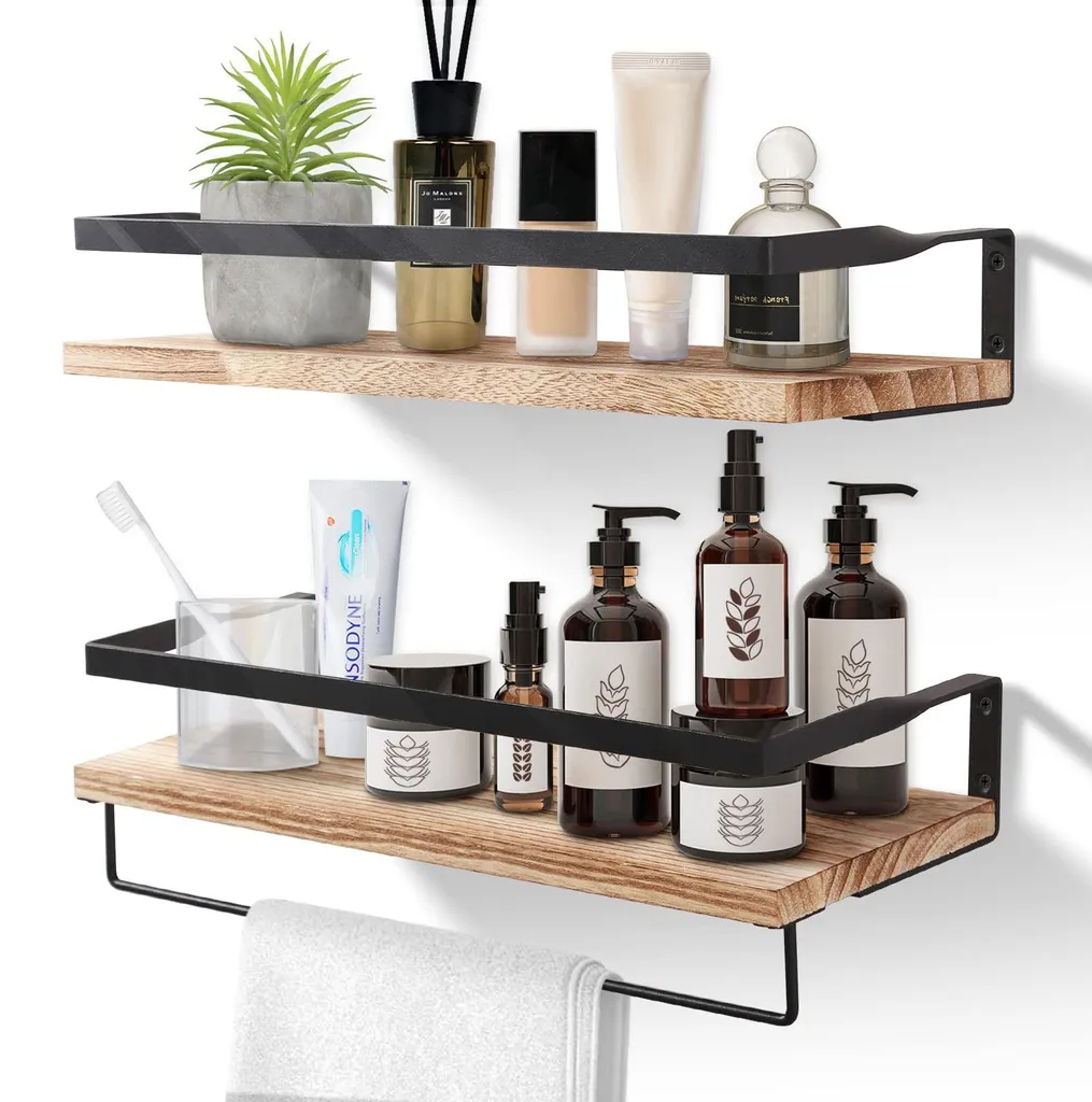 Étagère murale en bois lot de 2 avec porte-serviettes pour salle de bain