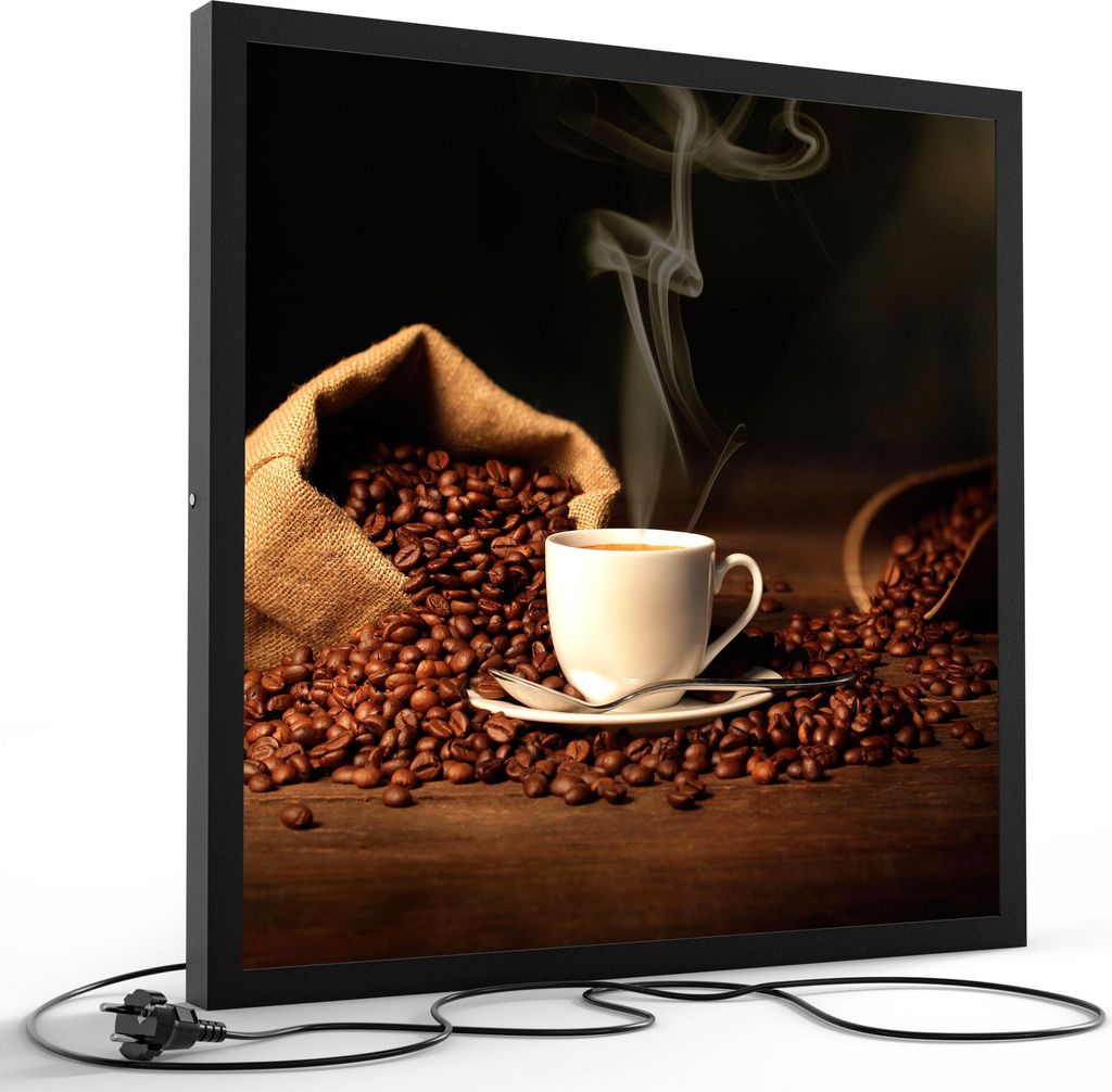 DEQORI LED-Bild & Lampe 60x60 cm Schwarz 'Kaffeetasse mit Bohnen' Leuchtbild LED Leuchte