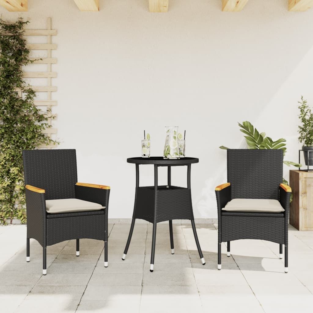Design 3-tlg. Garten-Essgruppe mit Kissen Schwarz Poly Rattan Glas, Gartenmöbel-Sets 2024 Neu