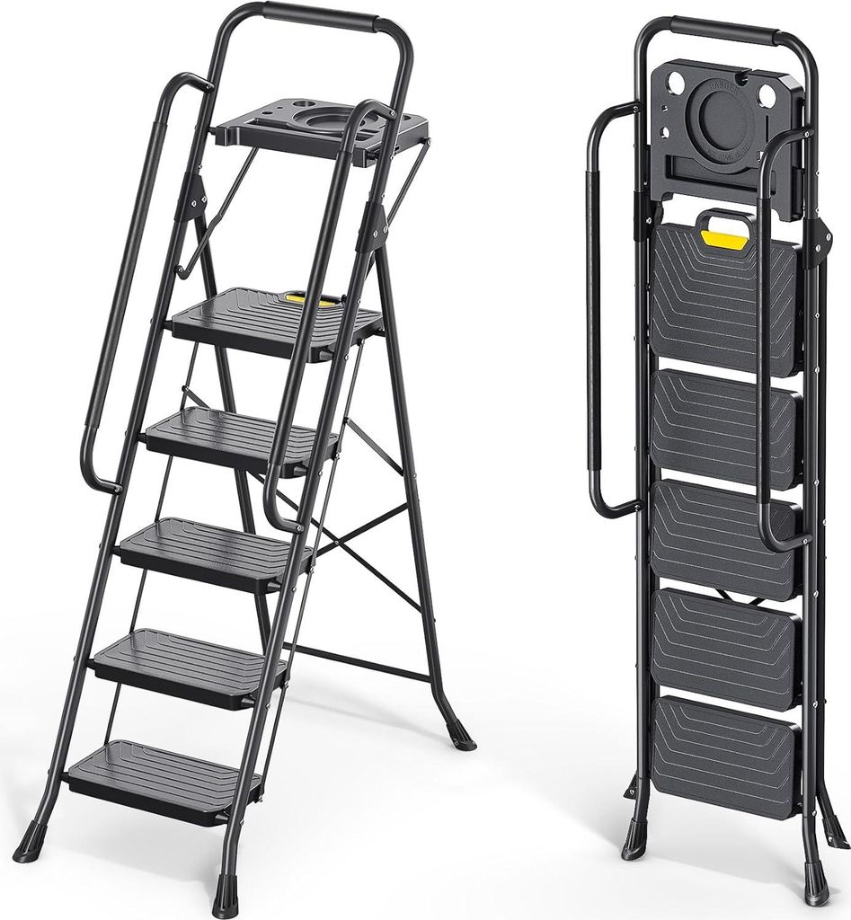 KINGRACK Trittleiter 5 Stufen klappbar mit Fester Werkzeugablage, bis 360 kg belastbar, Klapptritt mit Breiten Anti-Rutsch-Stufen, Stabiler Trittho...