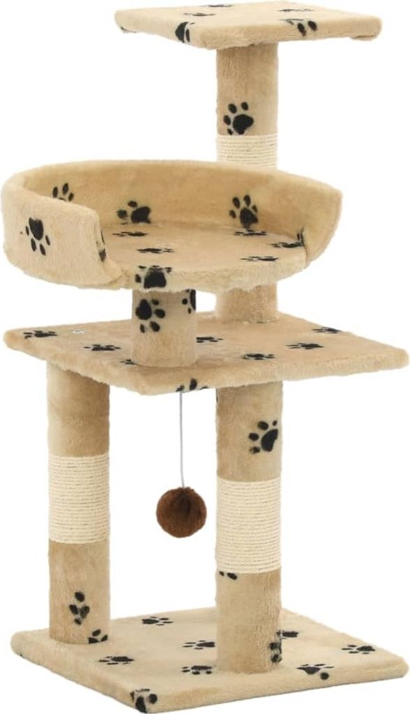The Living Store Katzen-Kratzbaum mit Sisal-Säulen 65 cm Pfoten-Aufdruck Beige