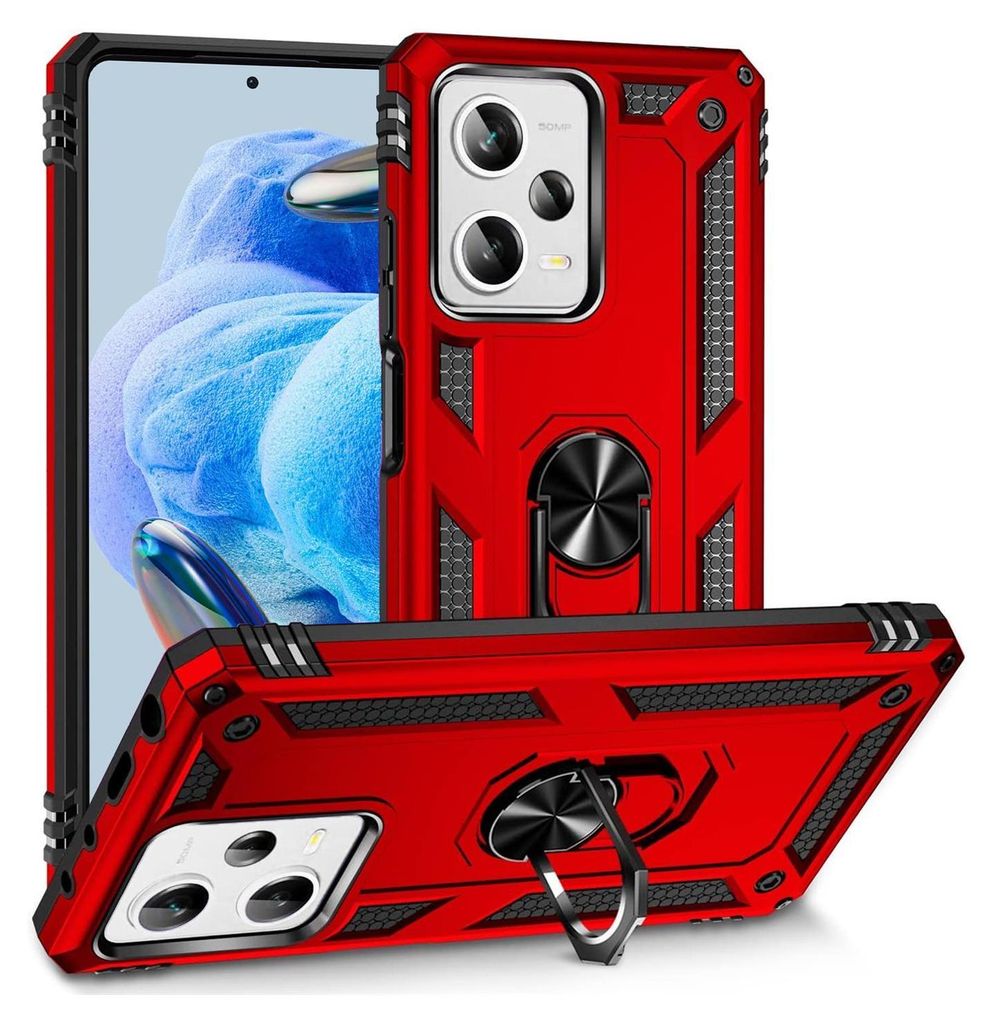 Conie Outdoor Schutzhülle für Xiaomi Redmi Note 12 Pro Plus 5G Tasche Silikon Hard Case Cover Hülle mit Halter Ständer in Rot