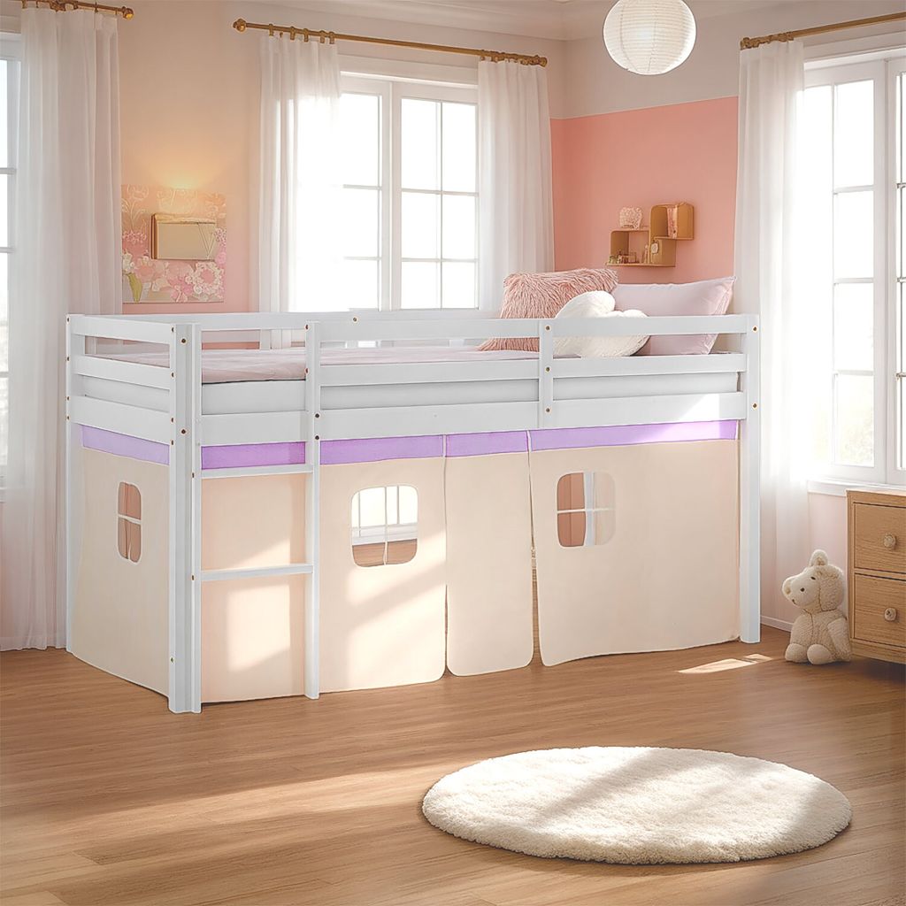 Homestyle4u Hochbett 90x200 Vorhang lila peach Kinderbett Produktbild 