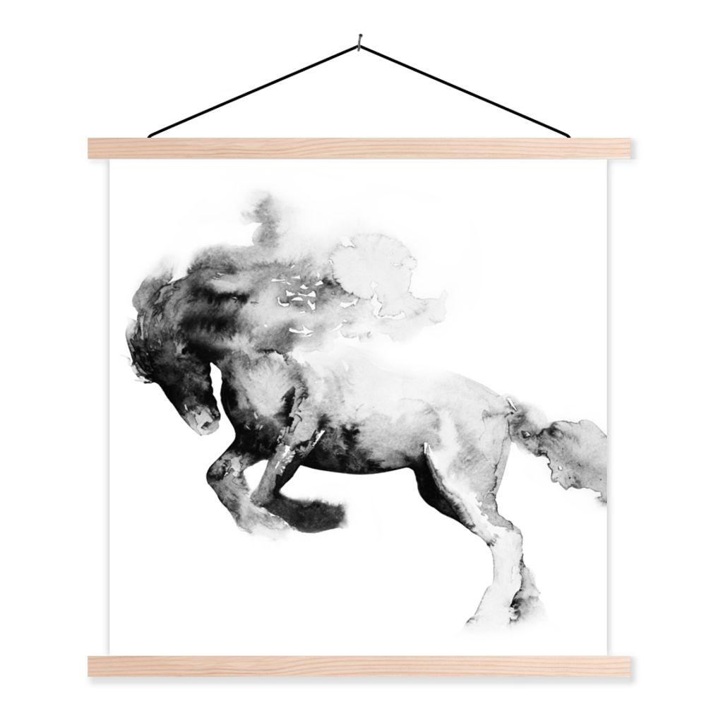 MuchoWow Textilposter Gemälde - Pferd - Tiere - Ölfarbe - Schwarz - Weiß 120x120 cm mit holzfarbenen Rahmen - Textil-Poster