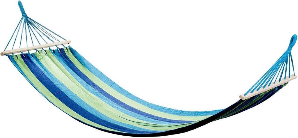 A striped hammock suspended against a white background.