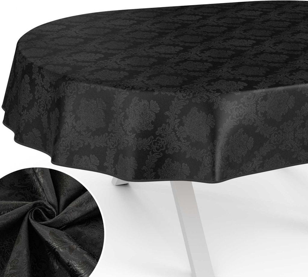 Tischdecke Barock aus Textil einfarbig Damast wasserabweisend Tischtuch Tischwäsche Aquarell Schwarz Oval Breite 140cm Länge 260cm mit Paspelband