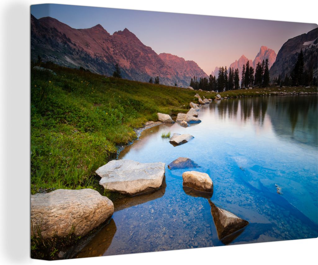 OneMillionCanvasses - Leinwandbilder - 140x90 cm, Eine Reihe großer Steine in einem Fluss im Grand Teton National Park, Wandbilder Kunstdruck Wa...