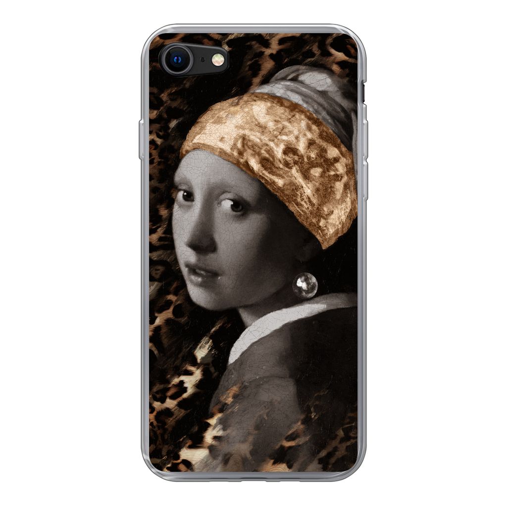 MuchoWow Handyhülle Schutzhülle Hülle für iPhone SE 2022 Mädchen mit Perlenohrring - Pantherdruck - Braun Silikon Softcase Handy Hülle - Sc...
