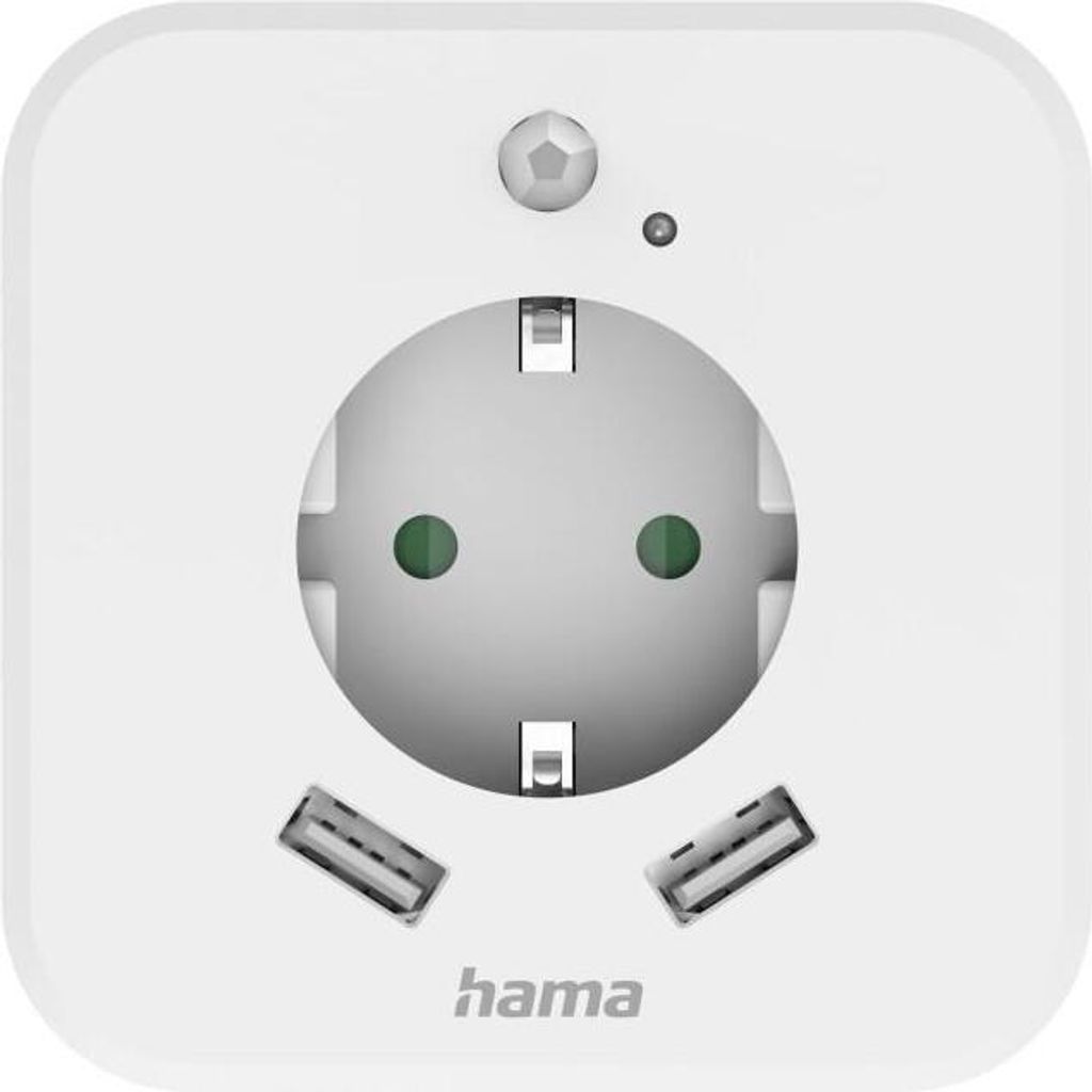 A white Hama LED night light with a European-style socket and two USB ports, shown from the front.