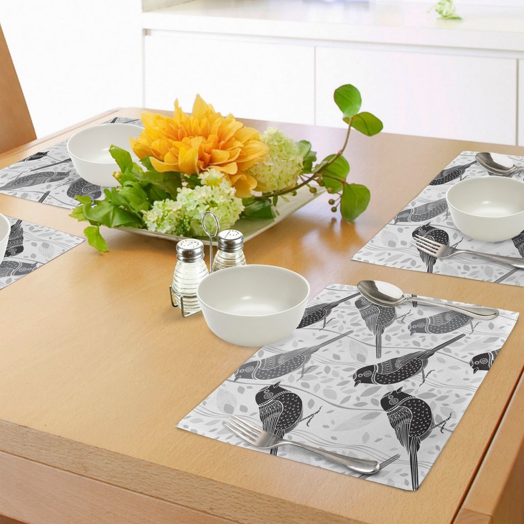 ABAKUHAUS Grau Platzmatten, Ornamental Vögel auf Bäumen Winged Flying Feather zeitgenössische Artwork Natur, Tiscjdeco aus Farbfesten Stoff für...