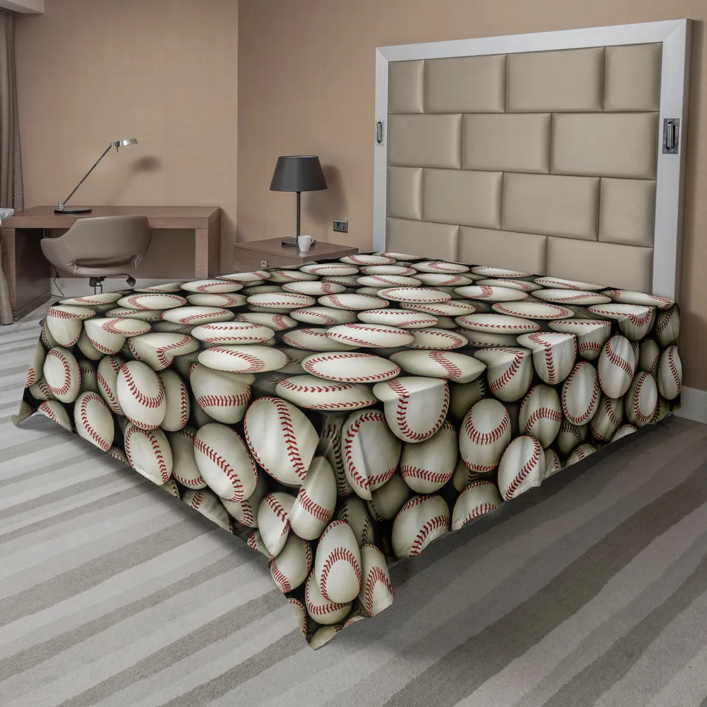 Drap plat imprimé softball en tissu doux pour literie beige et rouge