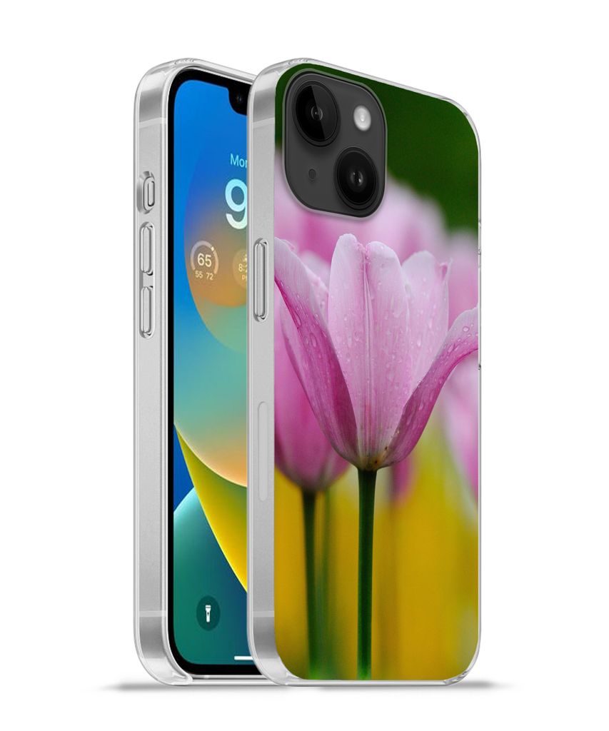 MuchoWow Handyhülle Schutzhülle Hülle für Apple iPhone 14 - Softcase Blumen - Tulpen - Rosa Silikon Softcase Handy Hülle - Mobiltelefonhülle