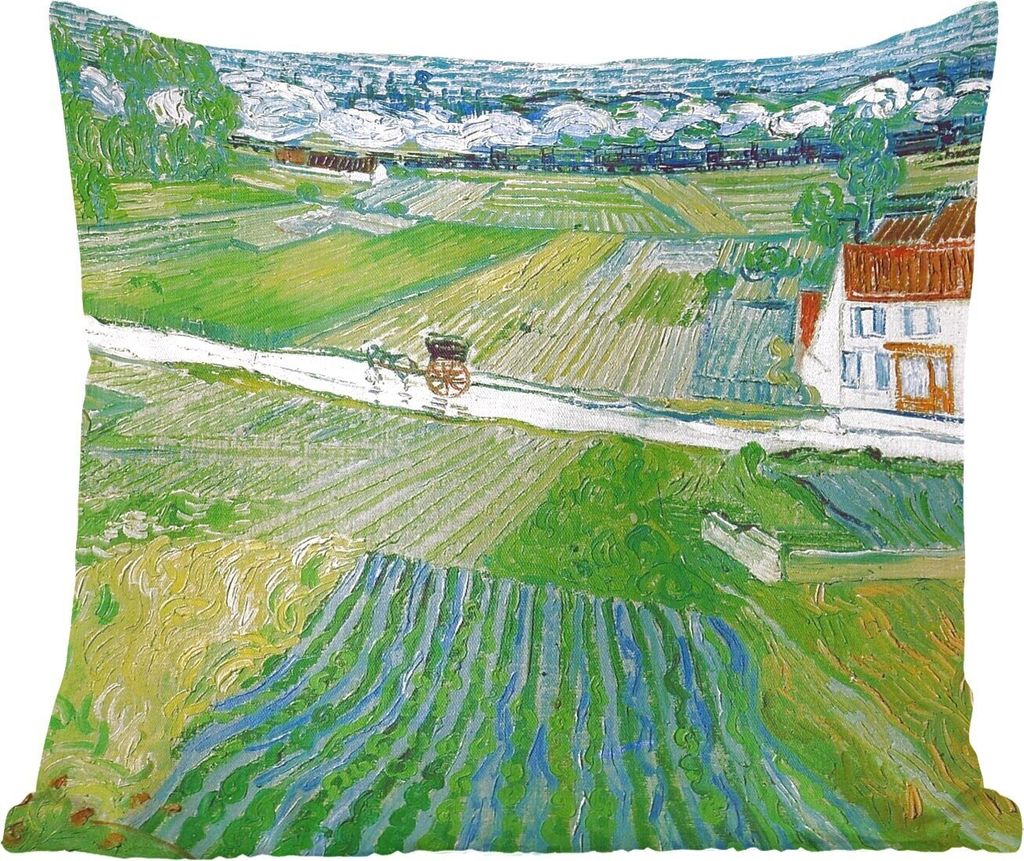 MuchoWow Zierkissen Sofakissen Wohnzimmer Dekokissen 60x60 cm Landschaft mit Kutsche und Zug - Vincent van Gogh - Sitzfläche - Foto Polster