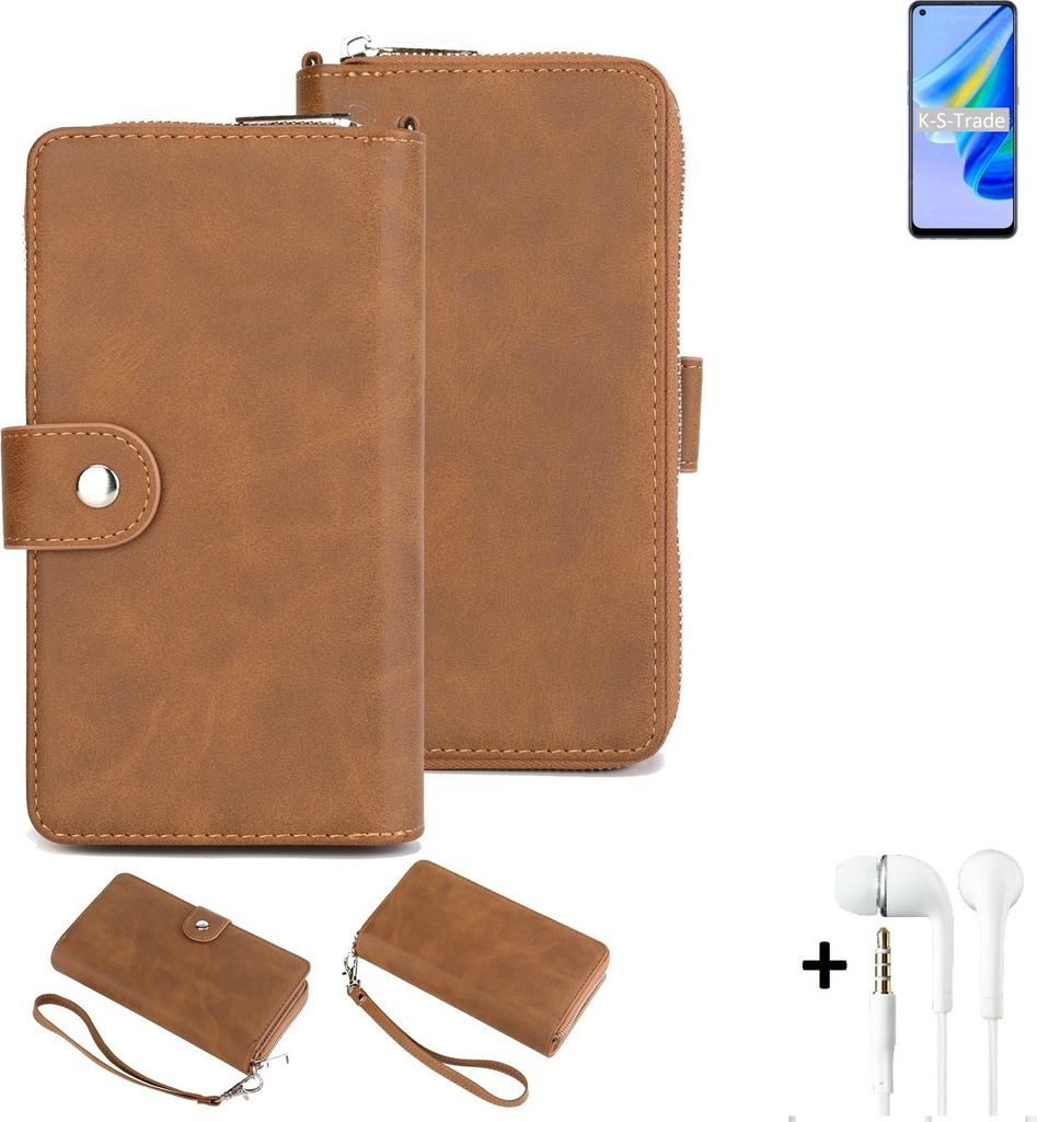 K-S-Trade Handy Schutz Hülle kompatibel mit Oppo A95 4G + Kopfhörer Portemonnee Tasche Wallet-Case Bookstyle-Etui braun (1x)