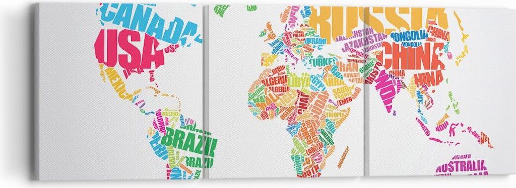 Bild auf Leinwand - Leinwandbild - Karte Worte Welt Geographie - 90x30cm - Wand Bild - Wanddeko - Leinwanddruck - Bilder - Kunstdruck - Wanddekorat...