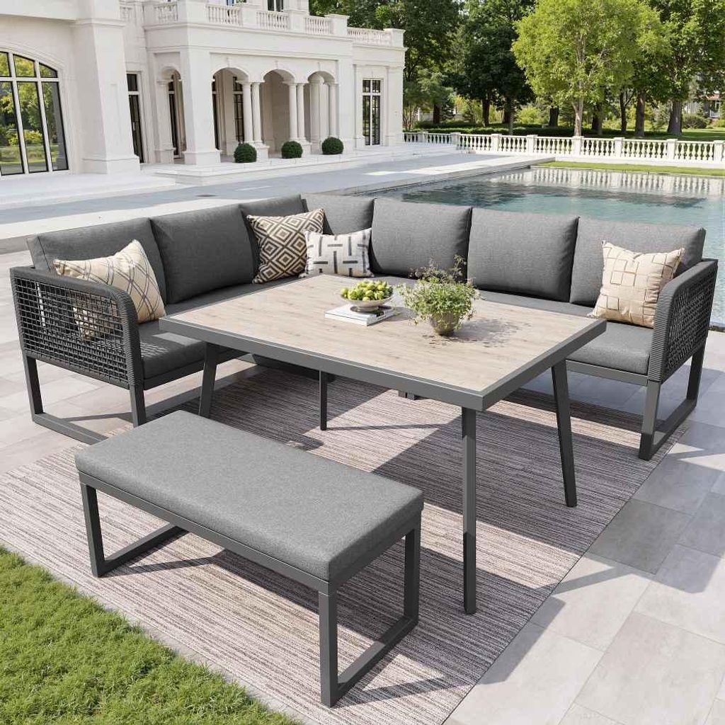s Gartenmöbel-Set aus PE-Rattan mit wetterfesten Kissen, ideal für Terrasse & Garten, Platz für 6-8 Personen, graue Polster - Größe am Ende.