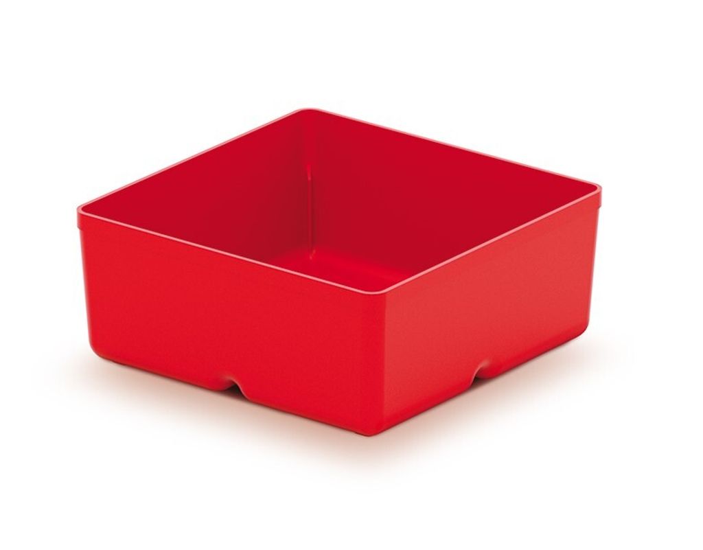 A red square plastic container is shown against a white background.