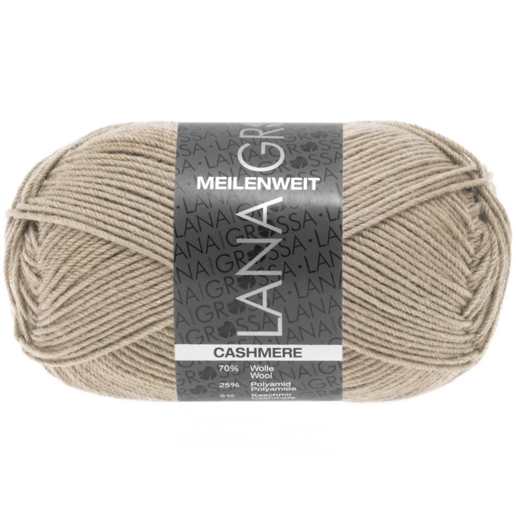 A ball of beige yarn with a label.
