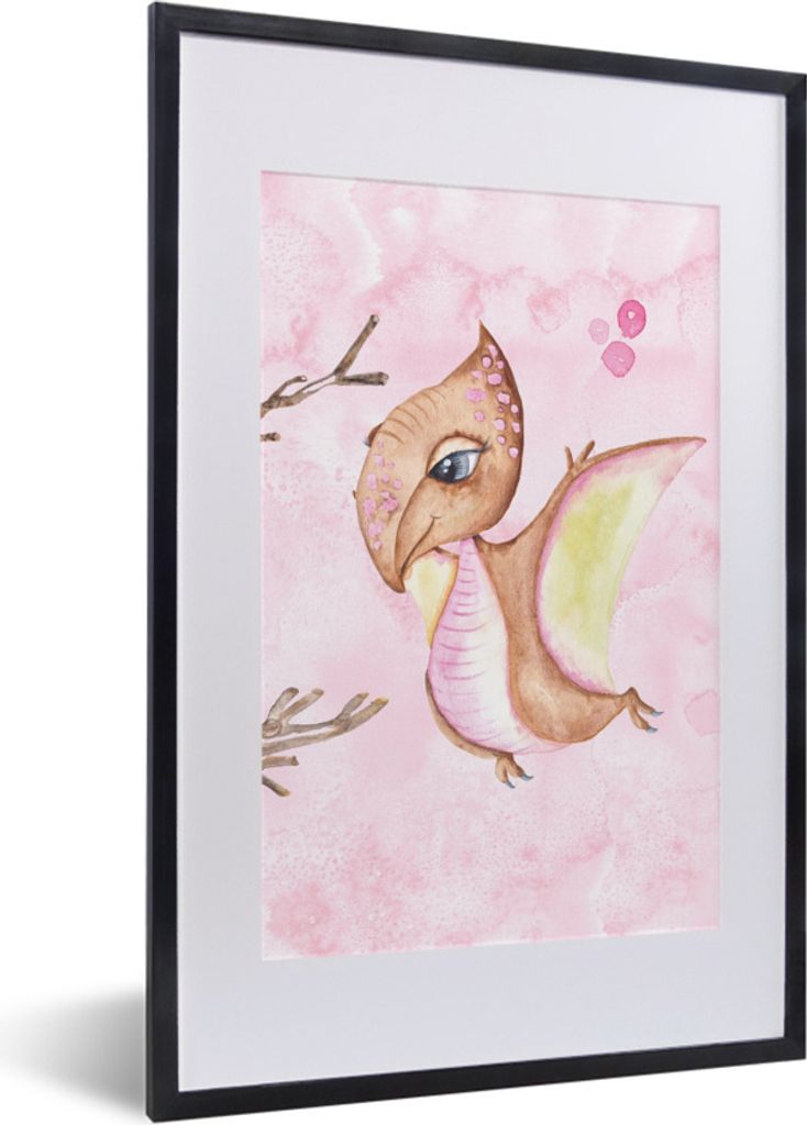 MuchoWow Gerahmtes Poster Dino - Kinderzimmer - Aquarell - Mädchen - Kind - Rosa - Mädchen 40x60 cm - Poster mit Schwarzem Bilderrahmen Wandpos...